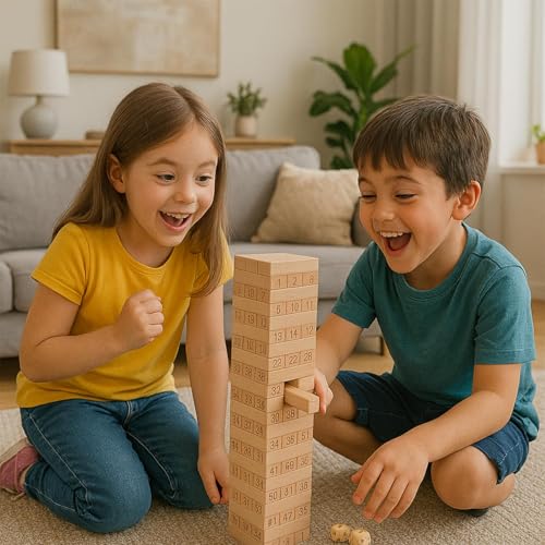 Image of Mrsdry 54 Blocks Wooden Tumbling Tower Game - Indoor Stacking Puzzle Blocks for Kids, Adults & Families - Fun Balancing Toy for Boys & Girls of All Ages - Party Game & Brain Teaser