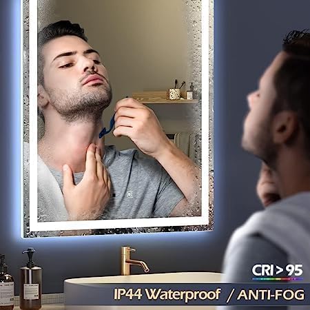 Image of MIRROR WORLD Wall-Mounted led Mirror Glass Bathroom and Bedroom Home Decor Designer Mirror for Bedroom, Living Room, Dressing Room, Hall, wash Basin, Rectangular Shape, 3 Color Light mirror-18x24.
