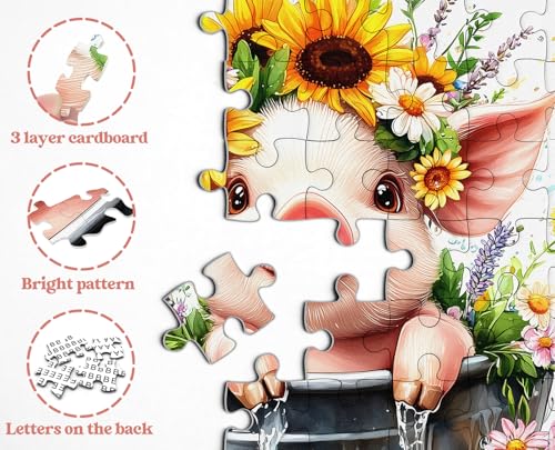 Rompecabezas de flores para adultos 1000 piezas, Larkipuzz rompecabezas de cerdito lindo con tema artístico de flores y plantas coloridas, desafiante para adultos miniatura 3