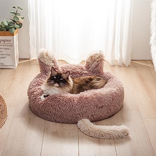 lemtrflo Cat Beds for Indoor Cats | 23.6"*23.6" Large Cat Donut Bed | Anti Anxiety Fluffy Calming Cat Bed Washable Cute Kitten Bed Pet Beds for Small Dogs