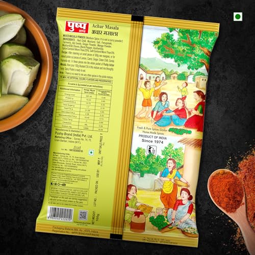 Image of Pushp Achar Masala | 100g Pouch | Premium Blend of Traditional Spices | Ready-to-Use Pickle Mix | Authentic Homemade Pickle Masala | No Added Preservatives (Pack of 1)