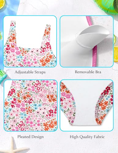 Image of Girl Swimsuit One Piece Bathing Suit for Girls Florals Print Ruched Adjustable Straps Padded Swimwear 9-18y