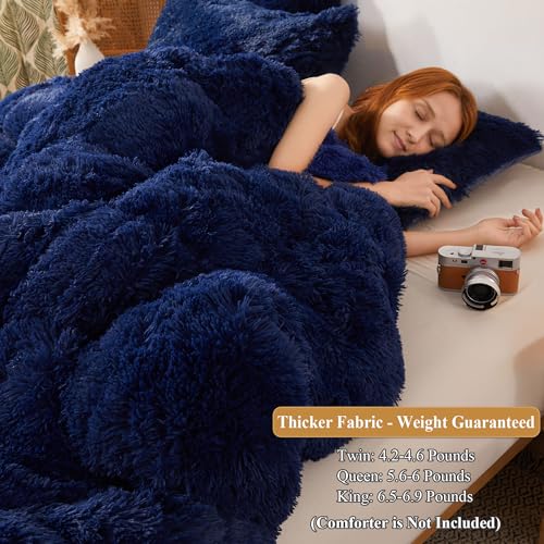 Image of XeGe Plush Shaggy Duvet Cover, Luxury Ultra Soft Crystal Velvet Fuzzy Bedding 1PC(1 Faux Fur Duvet Cover), Fluffy Furry Comforter Cover with Zipper Closure(King, Navy Blue)