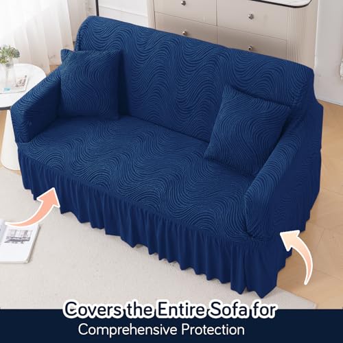 Image of HOKIPO 240 GSM Premium Jacquard Sofa Cover 2 Seater Fully Covered, 'Serene Wave Series' Navy Blue (AR-6353-NBL)
