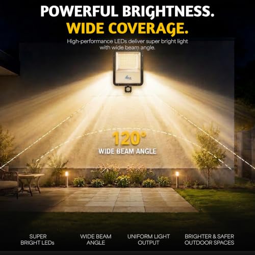 Image of Forus 200W LED Flood Light Yellow with Motion Sensor Auto On Off Day Night Mode Waterproof Outdoor Security Light for Garden Parking Garage Factory Warehouse High Bright Floodlight 4Yr Warranty-1Pc