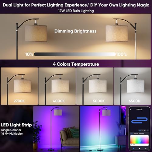 Image of Smart LED RGBCW Corner Lamp with Linen Lampshade Compatible with Alexa, Color Changing Standing Lamp with 16 Million DIY Colors, Music Sync, Tall lamp for Living Bedroom Room,APP /Voice /Remote Control