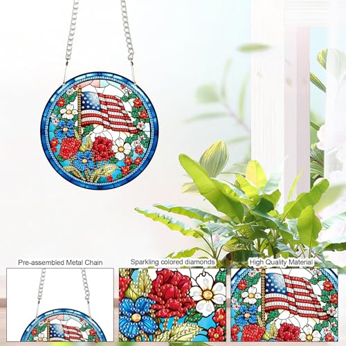 Image of AiYuanzsh DIY Hanging Diamond Painting Pendant Set - Independent Flower Patriotic Art Board, Special Shaped Crystal Diamonds, Elegant Floral Wall Decor, Independence Day Gift for Friends and Family
