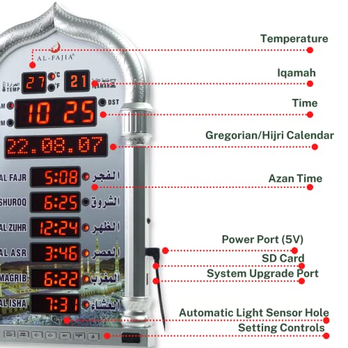 Image of Automatic Worldwide Digital 8 Azan Prayer Sounds and Athan Time Reminder Wall and Desk Large Clock for USA 4008PRO (Silver)