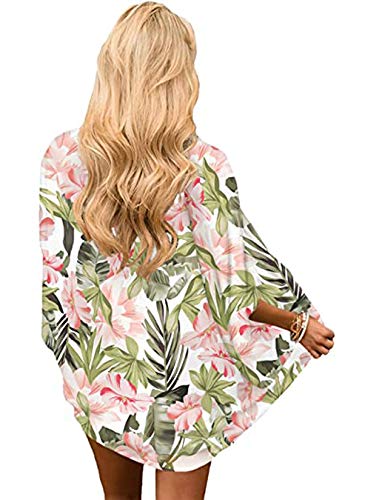 PRETTODAY Women's Summer Floral Print Kimonos Loose Half Sleeve Chiffon Cardigan Blouses Casual Cover Up (Pink-Green, l)