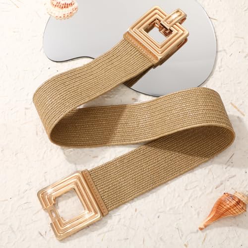 XZQTIVE Straw Woven Elastic Belts for Women, Wide Stretch Boho Belt for Summer Dress with Vintag/Round Buckle Raffia Belt, Khaki Fit Wasit Size 27"-31"2