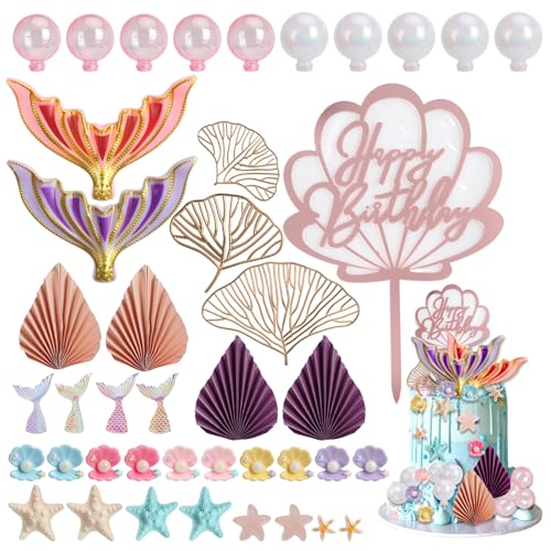 QMLING Mermaid Cake Decorations for Girls: 42 PCS Mermaid Cake Toppers Set Seashell Tail Sea Star for Girls Birthday Mermaid Theme Party