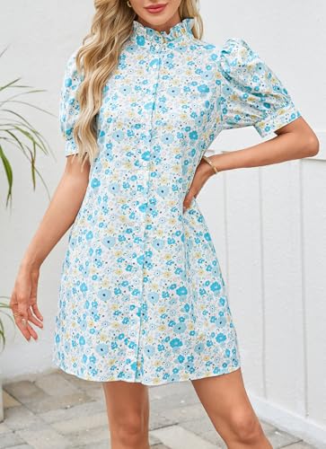 Image of Ladyful Women's Summer Floral Shift Short Sleeve Button Front Mini Dress | puff sleeve, ruffle stand neck, boho style, beach vocation, 100% cotton, loose fit, shirt sundress