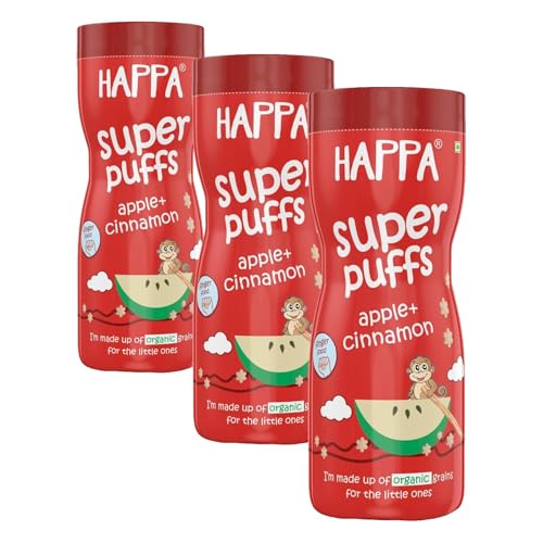 Image of Happa Organic Baby Puffs | Apple Cinnamom Flavour | Made with Organic Ingredients | Melt-in-the-Mouth, Supports Self-Feeding & Baby-Led Weaning | No Artificial Flavours or Colours | Stage 2 (8 Months+) | Pack of 3 (40g Pack)