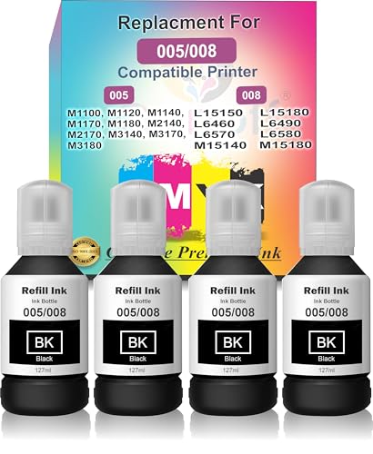 Image of CANOFF 127ml Black Refill Ink Bottle Compatible with 005 /008 Ink Tank M1100, M1120, M1140, M1170 L6460 /L6490 /L6550 /L6570 Printers | High Yield, Smudge-Free Printing (005 /008 Ink Black 4pc. x 127ml)