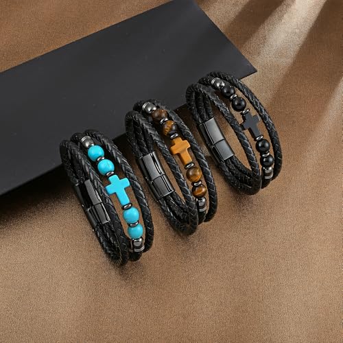 Pulsera masculina de cuero con piedras naturales y cierre de acero inoxidable miniatura 6