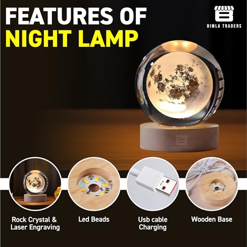 Image of 3D Moon Ball Night Lamp, Creative Engraved Table LED Light with Woodern Base for Home Office Decoration Birthday Gift