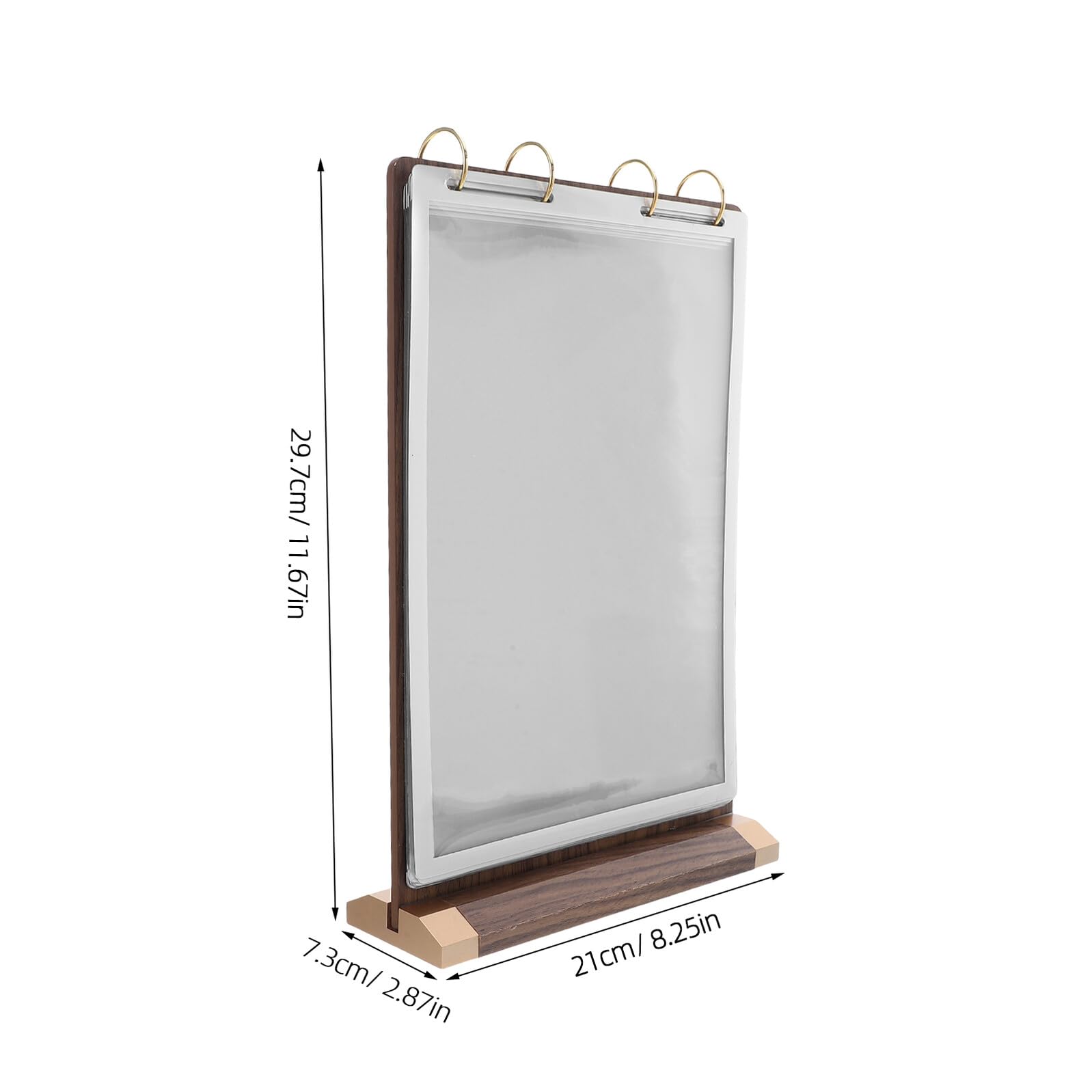 Soporte para Letrero de Mesa A4 de Nogal, 6 Páginas | Doble Cara con Base, Madera, Plástico E Hierro, para Menús y Tarjetas en Cafeterías y Restaurantes