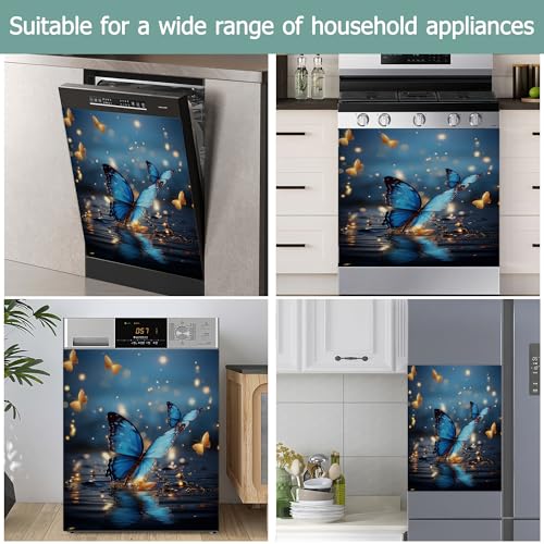 Image of Dishwasher Cover,Blue Butterflies Reusable Dishwasher Magnet Cover,Decorative Glitter Butterfly Magnetic Refrigerator Cover Front Panel Cover for Kitchen Decor 23x26 Inch