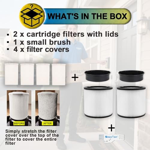 Image of 2 Pack 08-2566B Filters for Most Stanley 5, 6-18 Gallon Wet /Dry Vacuums | Models# SL18115 SL18115P SL18116 SL18116P SL18191P SL18199P SL18117 SL18701P-10A, High Efficiency Shop Vac Filters with Lids