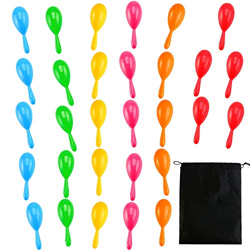 Resinta 30 Pieces Neon Maracas Shakers Mini Noisemaker Bulk Colorful Noise Maker with Drawstring Bag for Mexican Fiesta Party Favors Musical Instrument 4 Inch 6 Color