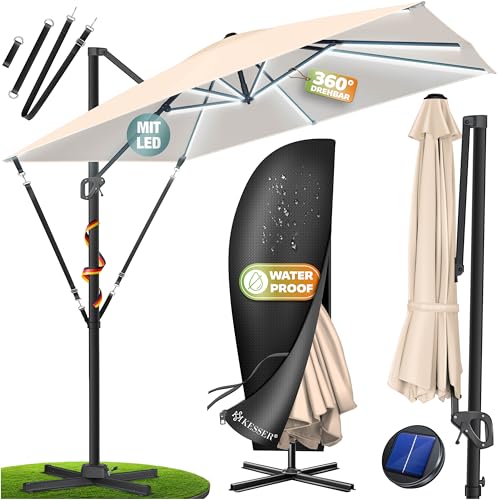 KESSER® Sonnenschirm LED Solar Ampelschirm SUN XL 300 x 300 cm Inkl. Abdeckung +Windsicherung Drehbar Neigbar Kippbar Marktschirm Groß 360° Rotation, Gartenschirm mit Kurbel Sonnenschutz, Beige