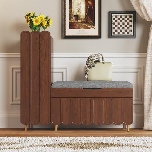3More Shoe Organizer Cabinet,Entryway Bench with Adjustable Shelves and Cushioned Seat,Unique L-Shaped Bench Cabinet for Entryway, Hallway, Living Room