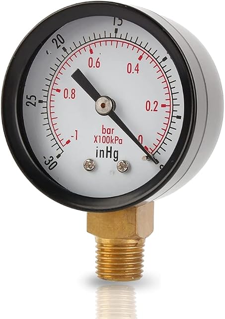 Vacuum Pressure Gauge, 2" Dial, 1/4"NPT Bottom Mount, Dual Scale -30inHg to 0/-1 to 0 Bar, Copper Alloy, +/- 4/3/4% Accuracy, for Air Compressor Water Oil Gas