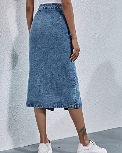 Saia feminina de cintura alta com botões lavados na frente e comprimento médio, saia lápis jeans, Az