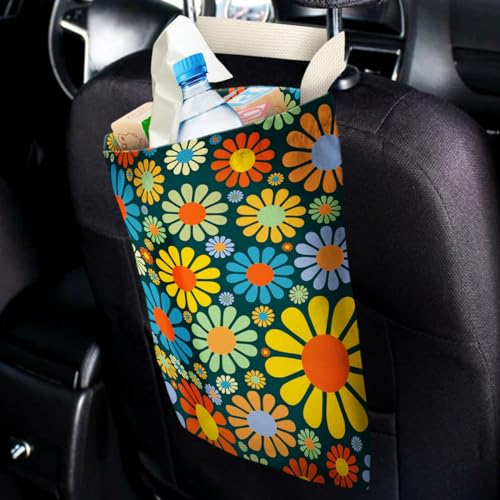 Image of Car Trash Bag Hanging No Snap Small Garbage Bag for Car Back Seat Cute Printed One-handed Strap Trash Bags Car Accessories-Hippie Flower Car Trash Bags