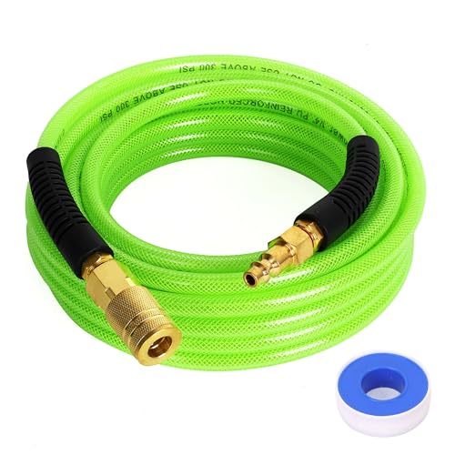 FYPower Air Compressor Hose 1/4 Inch x 25 Feet Reinforced Polyurethane (PU) Air Hose with Fittings, Bend Restrictors, 1/4