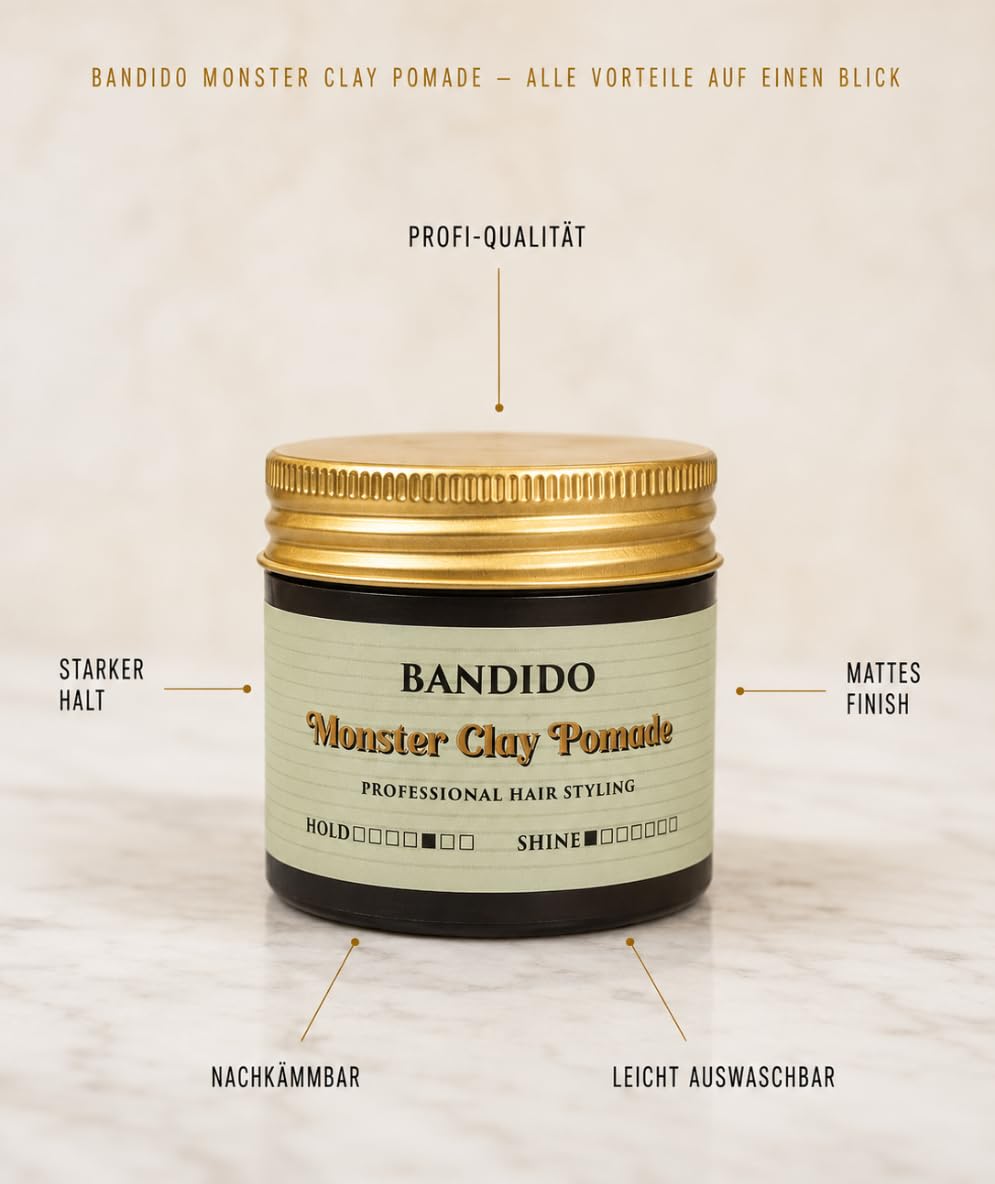 Bandido Monster Clay Pomade 125 ml – Cera para el cabello para hombre, mate, arcilla y pasta mate con fuerte sujeción, sin brillo, arcilla de estilo para textura, slick back y peinados modernos