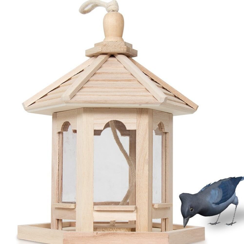 Sechseckiges Vogelhäuschen zum Aufhängen aus Holz: Einfaches Nachfüllen für Blaumeisen und Rotkehlchen!