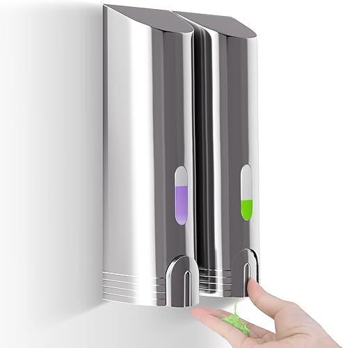 ITAX-WORLD Dispensador de jabón de pared Dispensador de champú cromado para pared de ducha, juego de dispensador de jabón de ducha de 2 cámaras,