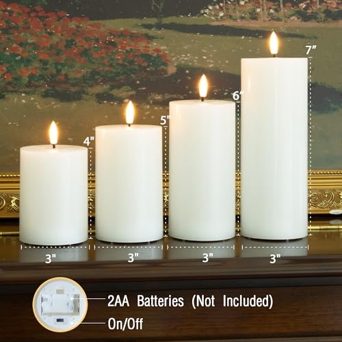 Image of White Flameless Pillar Candles, Battery Operated Wax Candles with Remote, Flat Top Flickering Flameless Candles, LED Candle for Home, Wedding, Party Decor, Set of 4, Φ 3 inch H 4 inch 5 inch 6 inch 8 inch