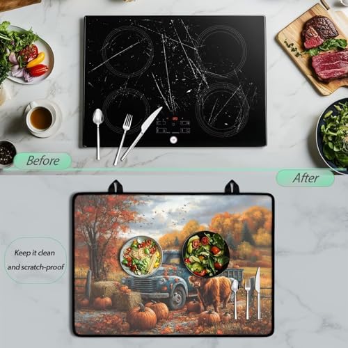 Image of Cattle Pumpkin Cat Stove Top Covers for Electric Stove, Heart Resistant Dish Drying Mat for Kitchen, Non-Slip Dust-proof Mat for Glass Stove Top, Thanksgiving Decorations