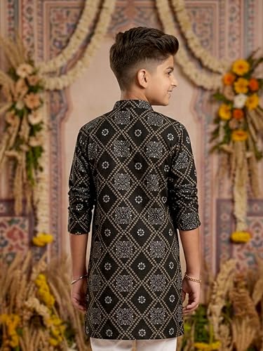 Image of KiddoPanti Boys 100% Cotton Ethnic Motif Printed Short Length Kurta