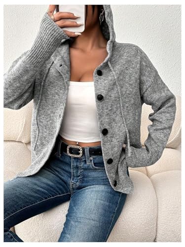 Women's Hooded Cardigan Sweater Long Sleeve Button Front Ribbed Knit Jacket Cardigan Trendy3