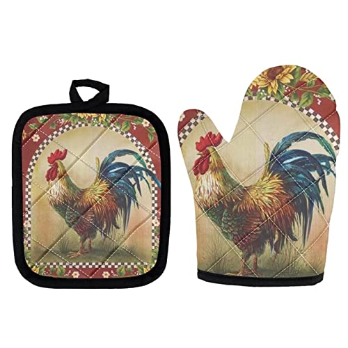 Upetstory Chicken Oven Mitts And Pot Holders Sets Farm Rooster Kitchen Cooking Gloves Square Potholder Comfortable Hot Pad For Outdoor Barbecue Microwave Baking Farmhouse #TOP20