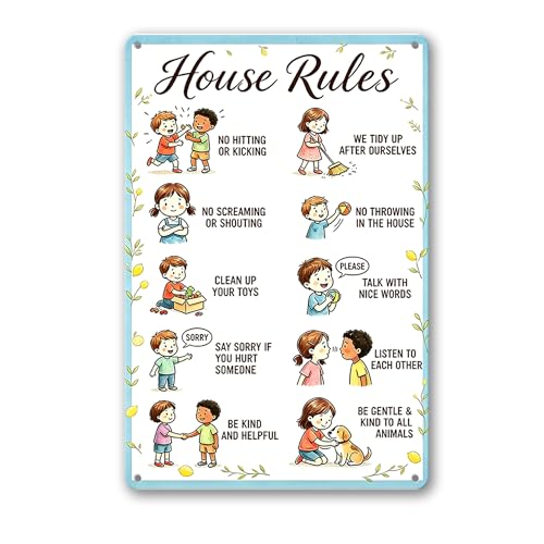 VINTMARK Cute Cartoon House Rules Aluminum Metal Sign Kids Friendly Wall Art Decor For Playroom Nursery Indoor Use 8x12 Inch