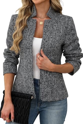 ELLEVEN Womens Blazer Business Casual Suit Jacket Tweed Blazers for Women Slim Fit Fitted Long Sleeve Stand Collar Blazer Dressy Full Lining Coat Cardigan with Padded Shoulder Grey Large