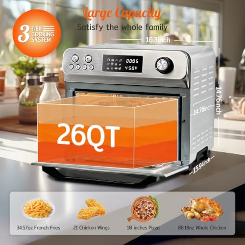 Image of HYSapientia Air Fryer Toaster Oven Combo, 26Quart 10-in-1 Extra Large Countertop Convection Oven with LED Display Knob Control, 1800W Stainless Steel, Less Oil, Faster Cooking,7 Accessories+Recipe
