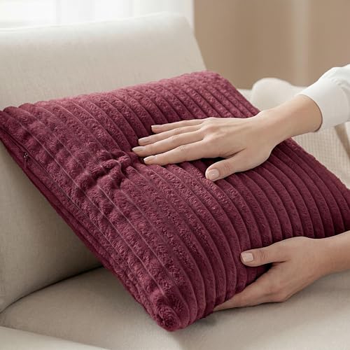 Image of Yellow Weaves Pencil-Stripe Fur Cushion Covers | Soft Polyester | Decorative Sofa & Throw Pillow Covers | 16x16 Inches, Pack of 5 (Maroon)