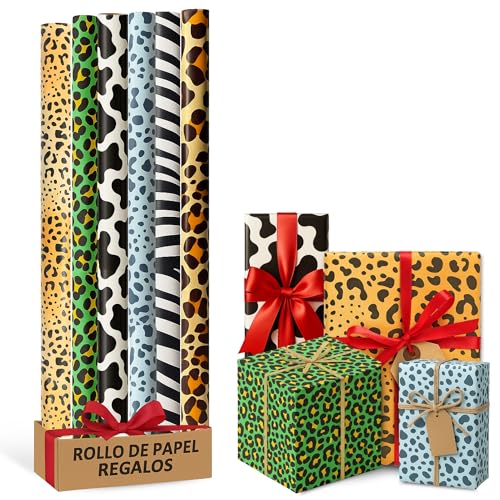 Rollo de papel para envolver regalos, Papel Regalo Cumpleaños, Papel Regalo Navidad, Papel navideño, Tamaño 70 cm x 2 Metros, Contiene 6 Rollos con diseños de estampados Animal Multicolor