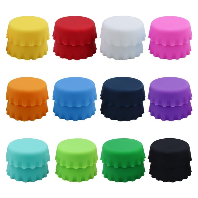 24 PCS Silicone Rubber Bottle Caps, 12 Colors Reusable Beer Caps for Home Brewing Beer, Soft Drink, Wine Bottle, Beer Bottle, Soda Bottles Kitchen Gadgets