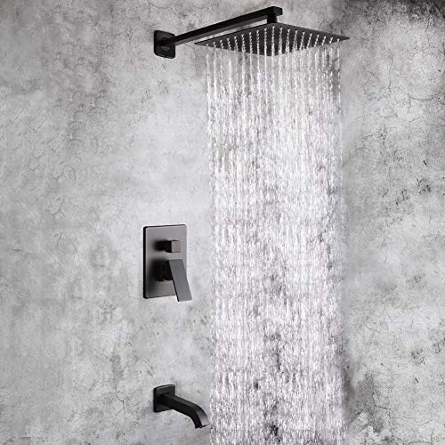 POP 10 Inch Black Shower Faucet Set with Tub Spout Bathroom Luxury Rain Mixer Shower System Wall Mounted Rainfall Shower Combo Set, Single Function Tub and Shower Trim Kit with Rough-in Valve - Thumbnail 3
