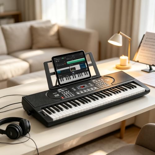 Image of 61 Key Keyboard Piano, Portable Electric Keyboard Piano for Beginners | LCD Display, Stereo Speakers, Microphone, Sheet Music Stand, Digital Music Keyboard