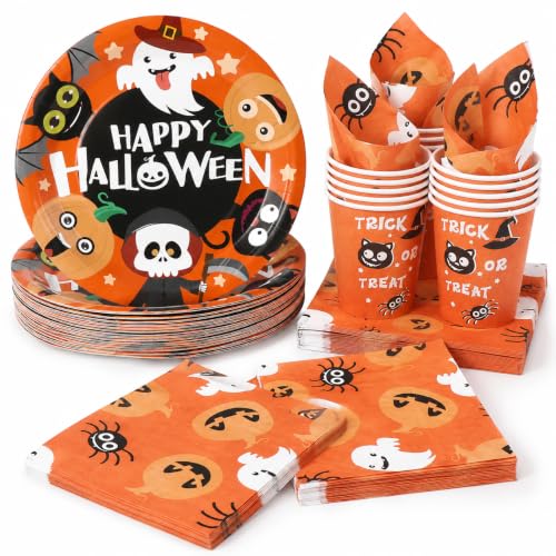 HEMOTON Halloween Geschirr Set, 24 Pappteller, 24 Becher, 48 Servietten – Ansicht 1