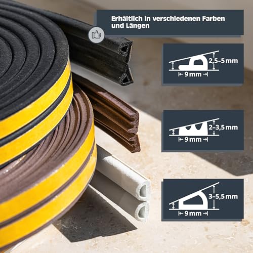 HELPMATE – Dichtungsband selbstklebend für Fenster & Türen – Fensterdichtung/Türdichtung zum Isolieren von Spalten mit 2 bis 3,5 mm Breite – Dichtband 9 x 4 mm (E-Profil | 18 Meter | Schwarz)