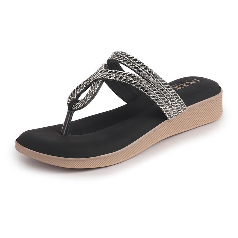Image of FAUSTO Women T-Strap Slip On Ethnic Sandals with Rhinestone Strap | Wedge Ortho Slip-On Slippers | Perfect for Wedding, Festive Outfits