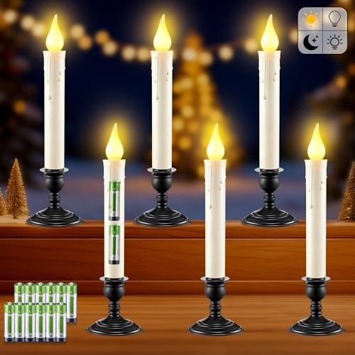 6 Pack Battery Operated Window Candles with Dusk to Dawn, Black Base
